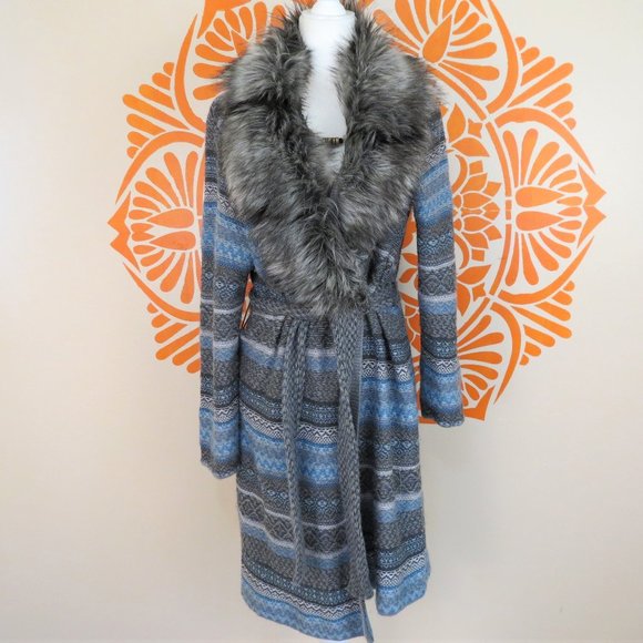 Chico's Sweaters - Chico's Blue & Gray Sweater Coat with Fur Collar